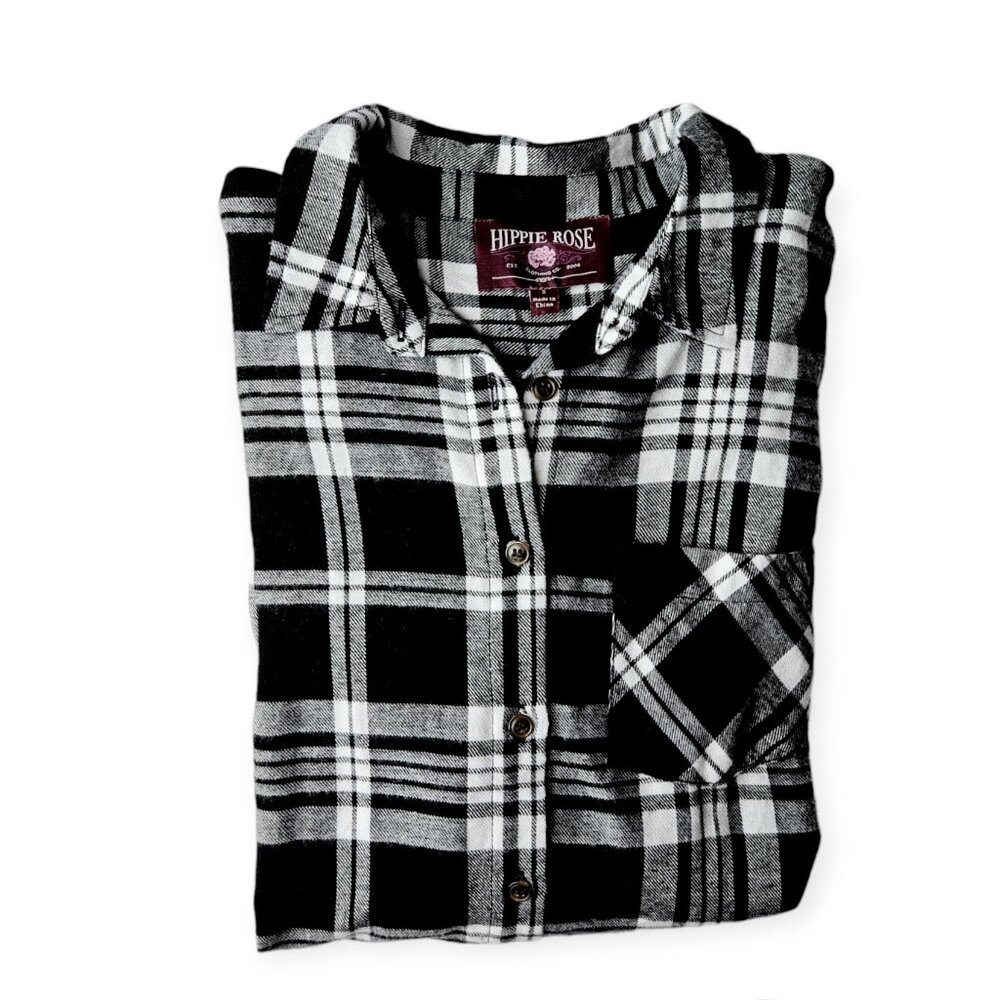 Hippie Rose Button Up Black & White Flannel Top